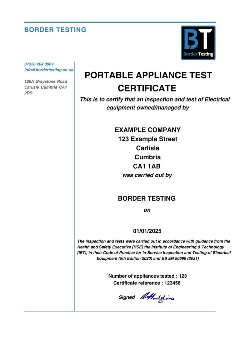 Portable Appliance Test Certificate for Example Company, confirming safety compliance.